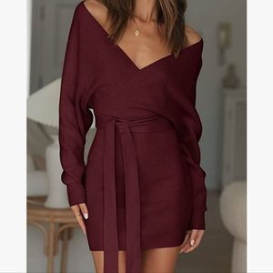 Burgundy Knitted Sweater Bodycon Mini Dress